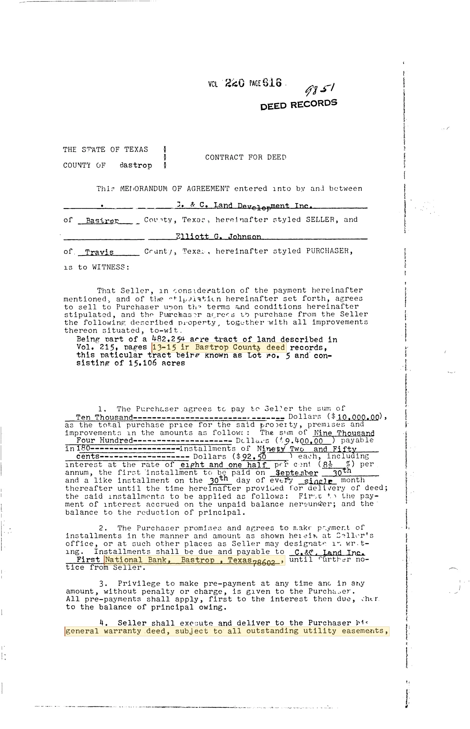 C & C Land Development Inc. - Recorded Contract For Deed (Vol. 220, Page 616)
